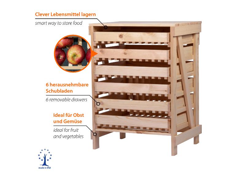 Holzregal mit 6 herausnehmbaren Schubladen zur Aufbewahrung von Obst und Gemüse.