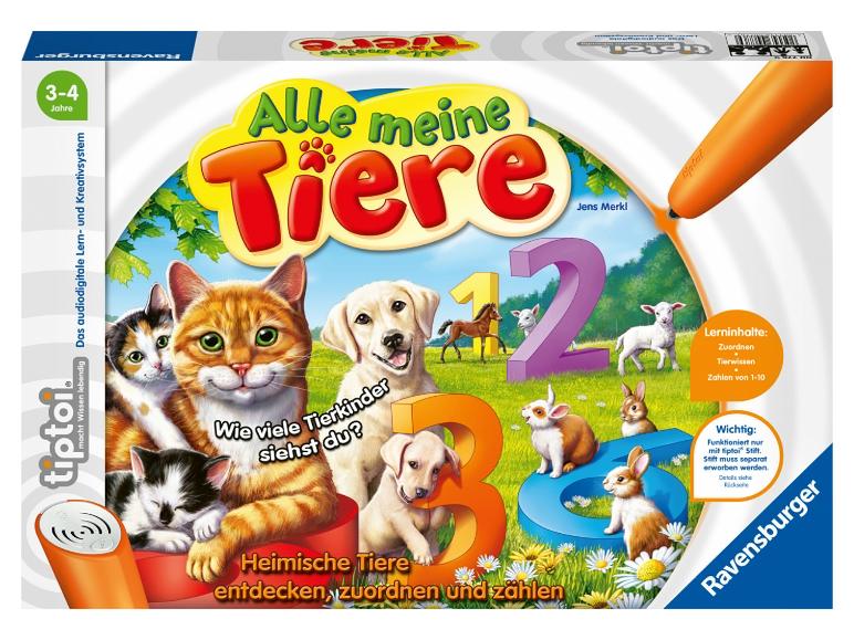 Ravensburger tiptoi Spiel „Alle meine Tiere“ mit Katzen, Hunden, Kaninchen und Zahlen.