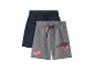 Zwei Jungen-Shorts, eine marineblau und eine grau mit Rennwagen- und „95“-Aufdruck.