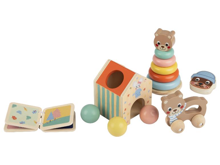 Holzspielzeug-Set für Babys mit Haus, Stapelturm und Bärenauto.