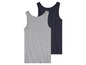 Zwei Tanktops, eines grau und eines dunkelblau.
