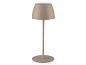 Kabellose Tischlampe in Beige mit rundem Fuß und konischem Schirm.