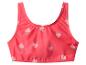 Rotes Bikini-Oberteil mit Erdbeermuster.