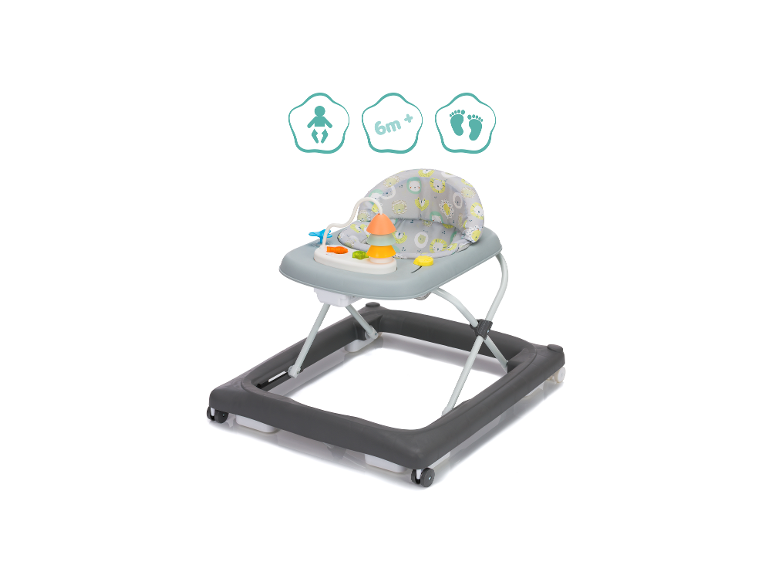 Grauer Baby-Lauflernwagen mit Tiersitzmuster, geeignet ab 6 Monaten.