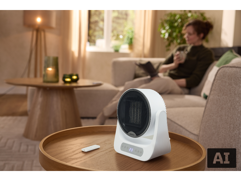 Weißer Tischheizer mit Fernbedienung in einem gemütlichen Wohnzimmer.