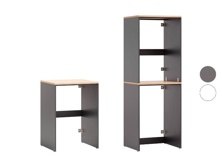 Modulare Regale: ein niedriges und ein hohes Regal, bestehend aus zwei Modulen in Grau und Holzoptik.