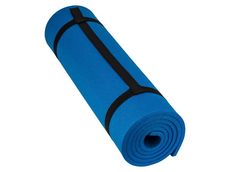 Aufgerollte blaue Yogamatte mit Gurten.