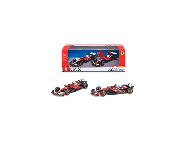 Zwei rote Spielzeug-Rennwagen, einer in der Verpackung, die anderen beiden ausgepackt, Maßstab 1:43.