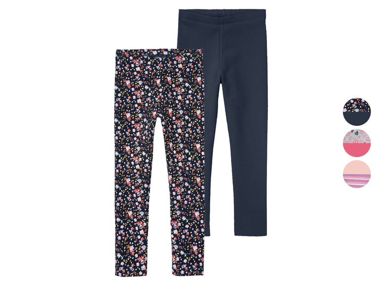 Zwei Leggings für Mädchen, eine mit Blumenmuster und eine in unifarbenem Dunkelblau.