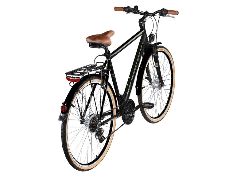 Ein schwarzes Fahrrad mit Gepäckträger und Schutzblechen.