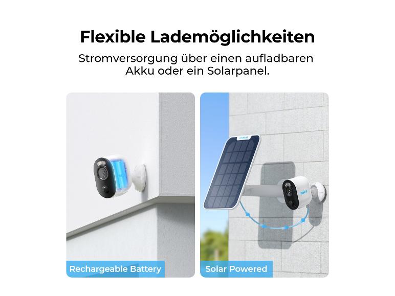 Flexible Lademöglichkeiten: Akku oder Solarpanel für Überwachungskamera.