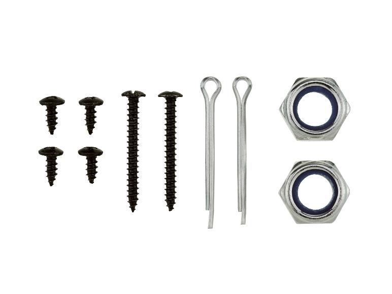 Schwarze Schrauben, Splinte und Muttern mit blauer Einlage
