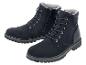 Ein Paar dunkelblaue Winterstiefel mit Schnürsenkeln und Reißverschluss, pelzgefüttert.