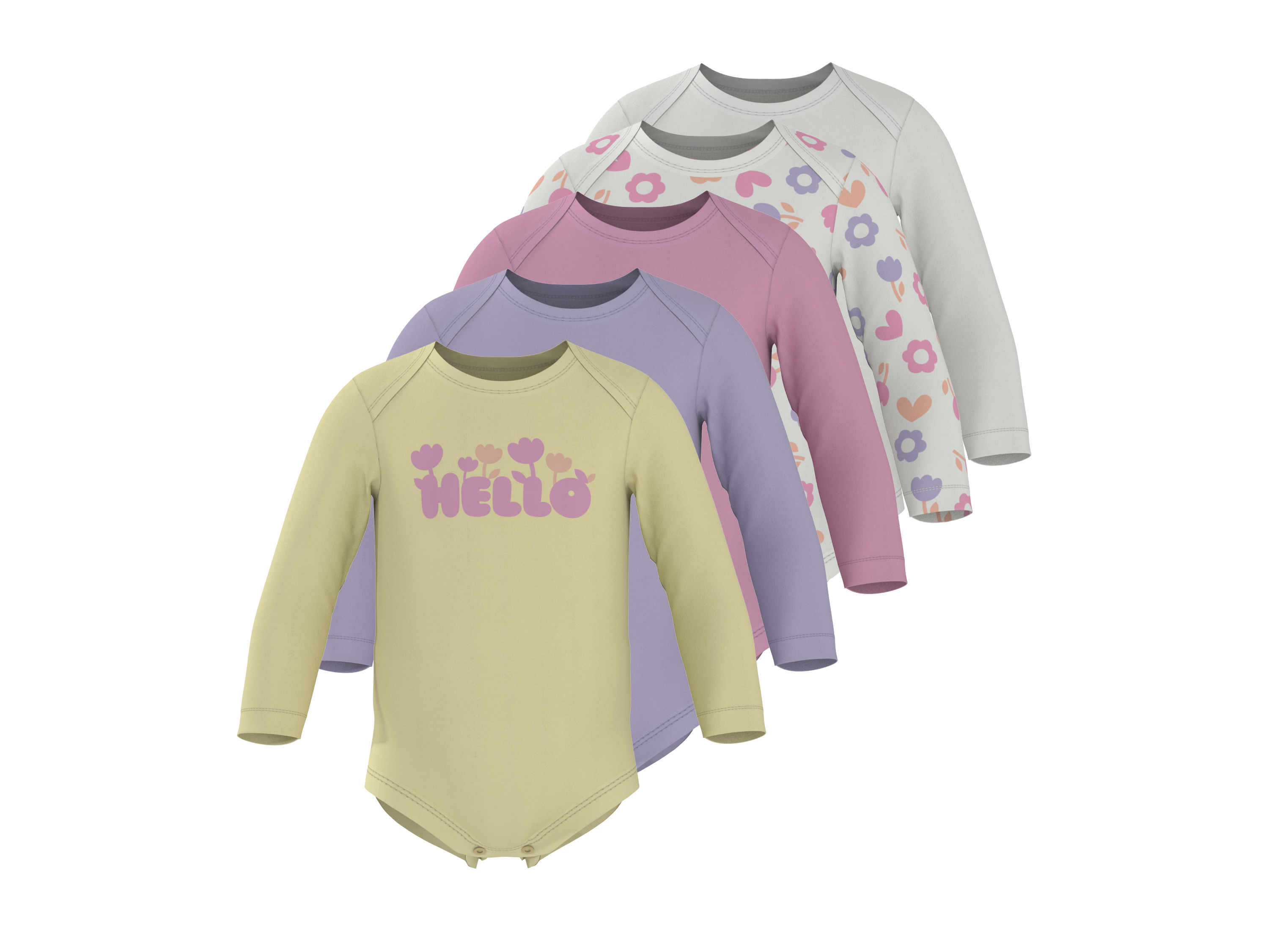 LUPILU® Baby Langarm-Bodys, 5 Stück (weiß/pink/lila/gelb, 62/68)