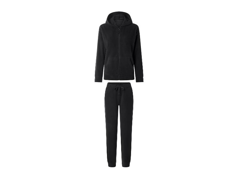 Schwarzer Damen-Trainingsanzug mit Kapuzenjacke und Hose.