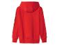 Roter Kapuzenpullover mit farbigem Aufdruck auf einem Ärmel.