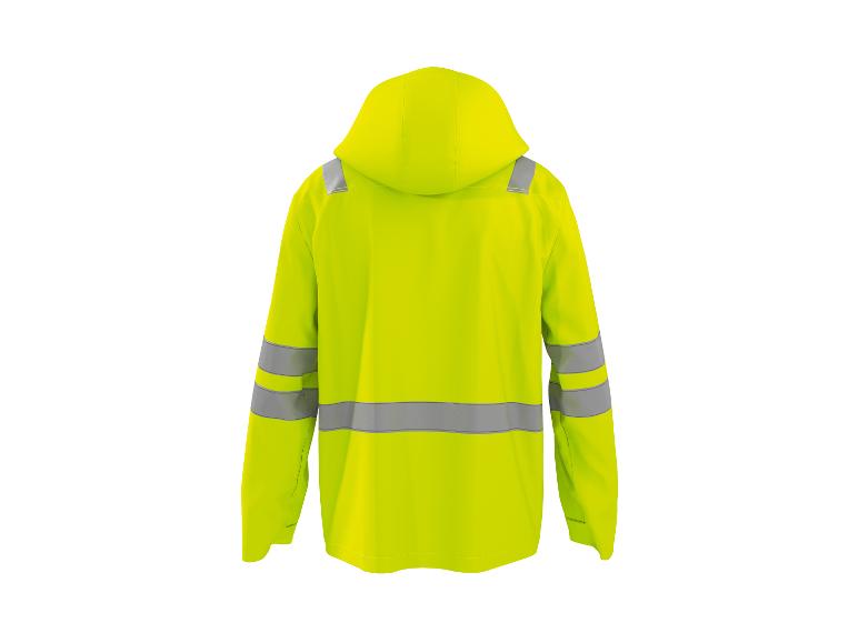 Gelbe Warnschutzjacke mit reflektierenden Streifen, Rückansicht.