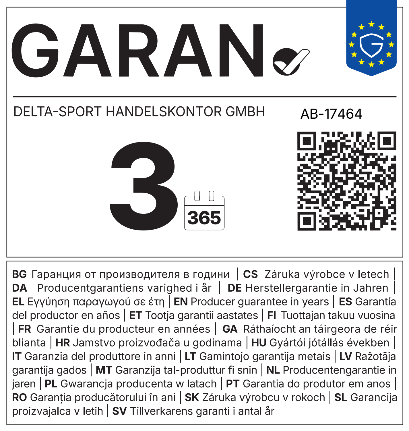 Siegel für 3 Jahre Herstellergarantie mit einem QR-Code und Text in verschiedenen Sprachen.