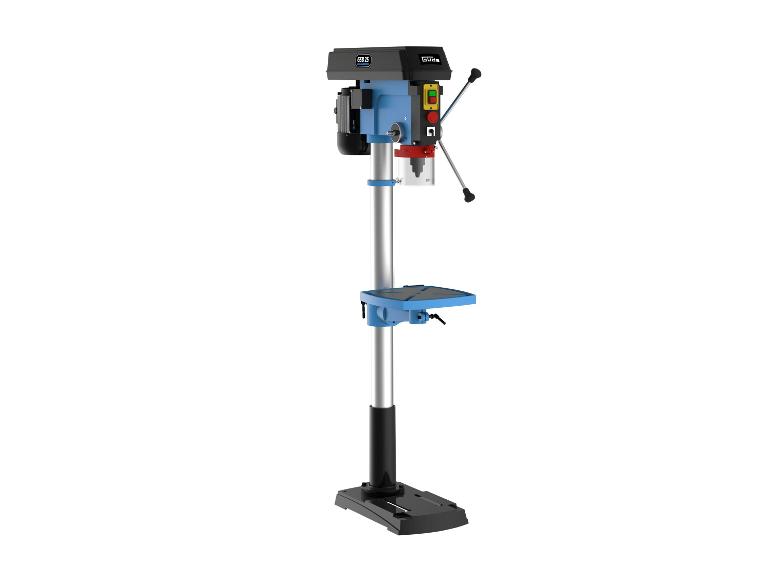 Blaue und schwarze Säulenbohrmaschine mit stabilem Sockel und verstellbarem Arbeitstisch.