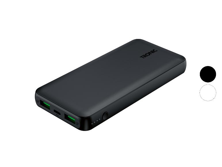 Schwarze Powerbank mit USB-Anschlüssen und Ladeanzeigen.
