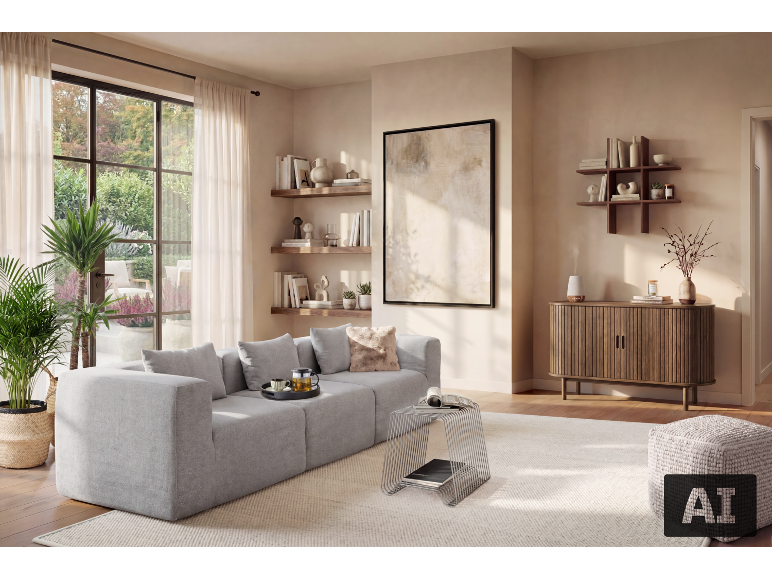Modernes Wohnzimmer mit grauem Modulsofa, Holzregalen und großem Fenster.