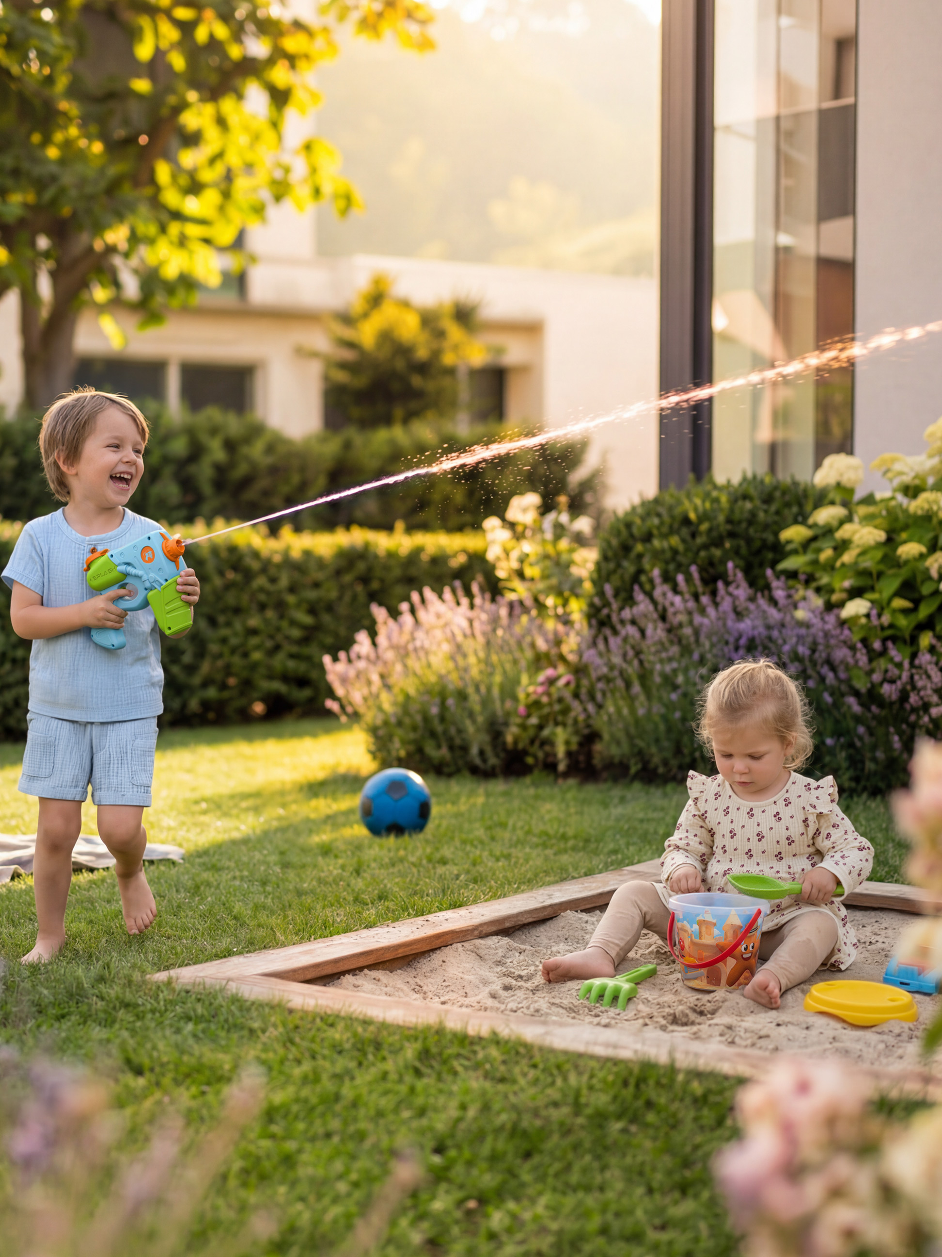Kinder spielen mit einer Wasserpistole und im Sandkasten im Garten.