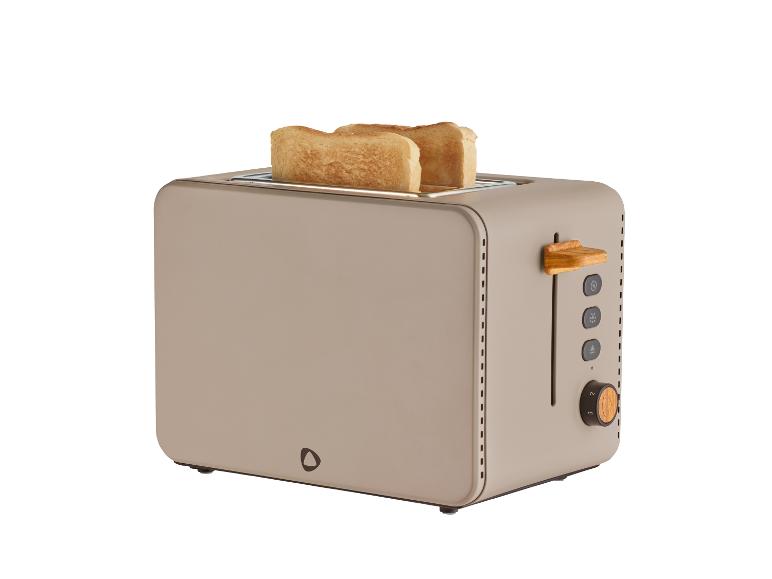 Beiger Toaster mit zwei Brotscheiben und Holzdetails.