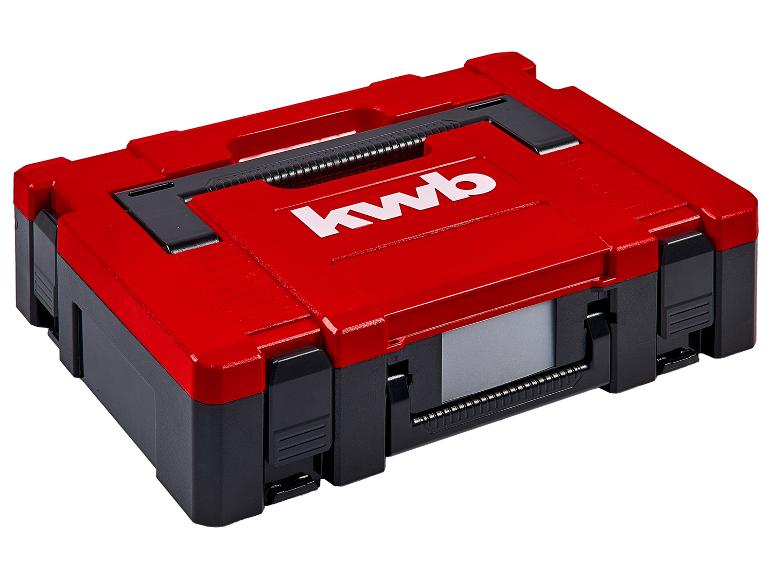 Rote und schwarze Werkzeugkiste mit weißem Logo und Griff.
