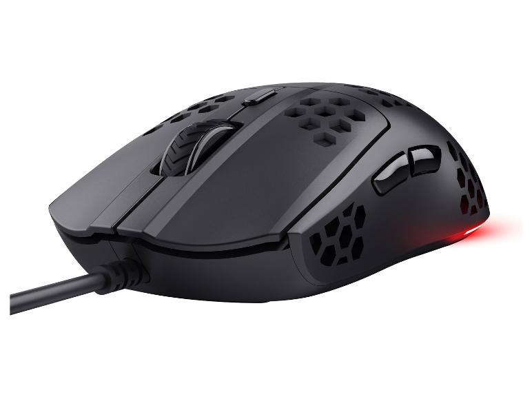 Schwarze Gaming-Maus mit Wabenmuster und roter LED-Beleuchtung
