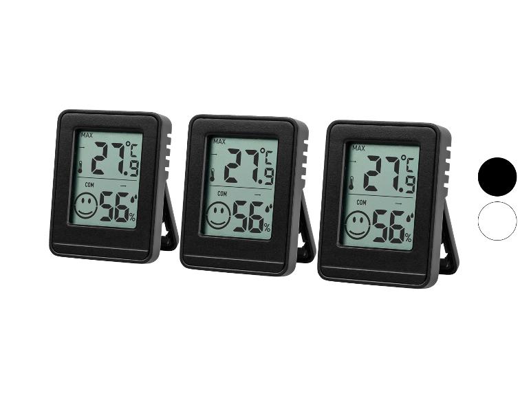Drei schwarze digitale Thermometer-Hygrometer, zeigen 27,5°C und 56% Luftfeuchtigkeit
