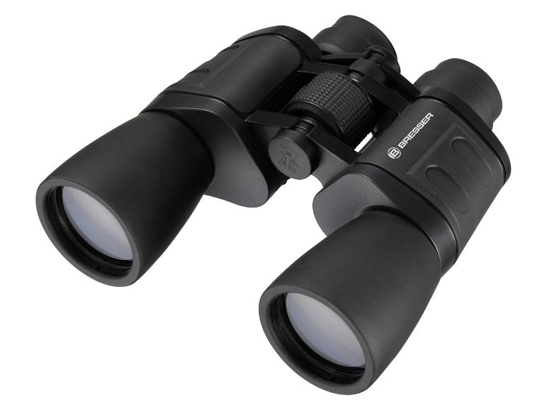 Schwarzes Fernglas mit strukturiertem Gehäuse und klaren Linsen