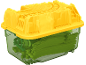 Gelb-grüne Spielzeugaufbewahrungsbox mit Eisenbahnschienen und Zubehör