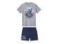 Stitch Pyjama: graues T-Shirt und dunkelblaue Shorts.