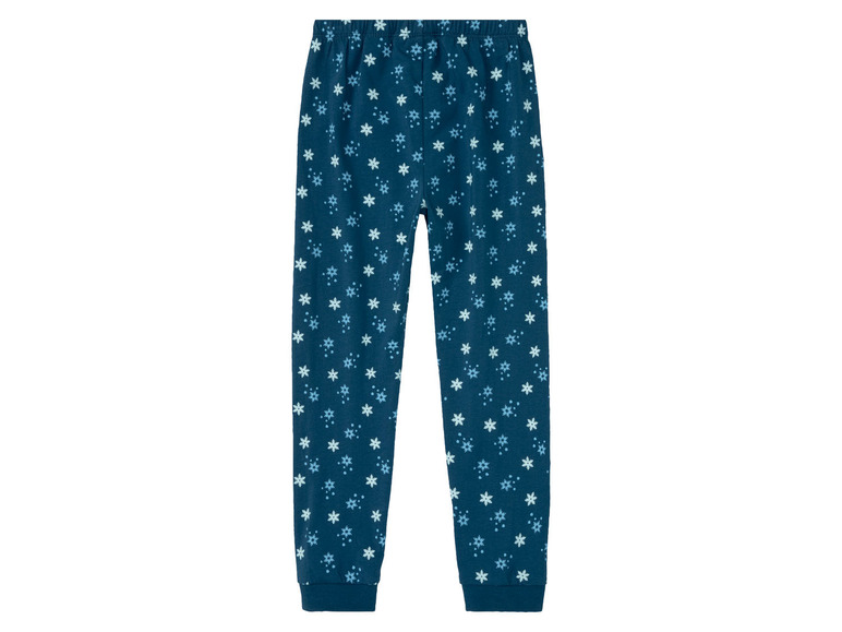 Blaue Schlafanzughose mit Schneeflockenmuster.