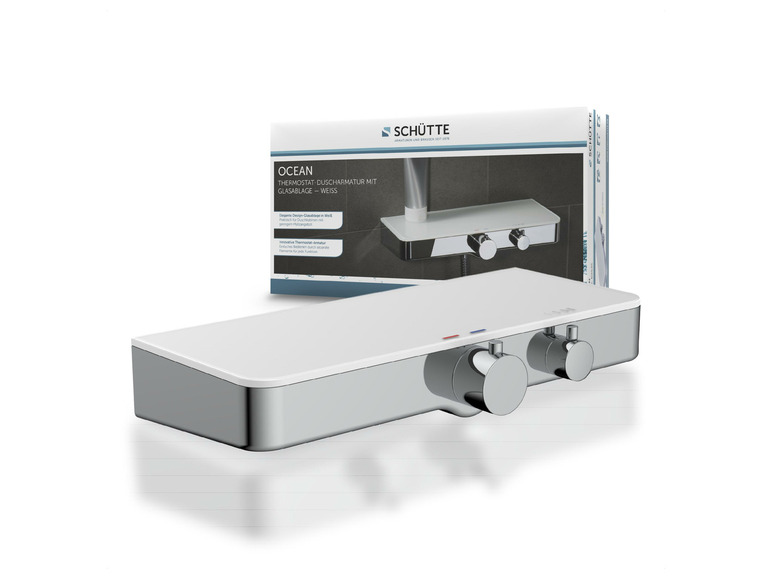Eine verchromte Duschthermostat-Armatur mit Glasablage von Schütte