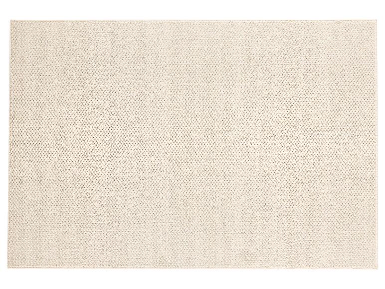 Rechteckiger beiger Teppich mit Stricktextur.