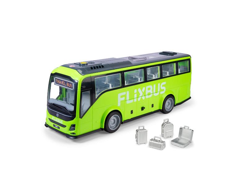 Grüner Spielzeug-Reisebus mit 'TRAVEL BUS'-Anzeige und Miniatur-Gepäckzubehör
