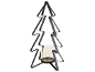 Schwarzer Metall-Kerzenständer in Tannenbaumform mit einem Glaswindlicht.