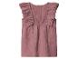 Rosa ärmellose Kinderbluse mit Rüschen und Knöpfen am Rücken.