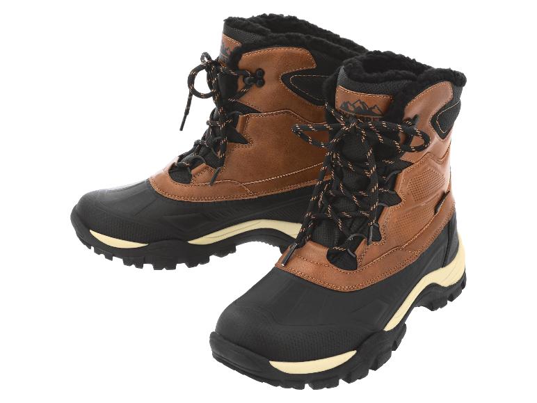 Ein Paar braune und schwarze Winterstiefel mit Fellfutter und Schnürsenkeln.