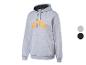 Grauer Hoodie mit orangefarbenem Logo und Farboptionen in Grau und Schwarz.