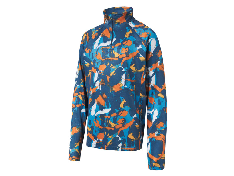 Ein blauer Pullover mit langen Ärmeln und einem abstrakten Muster.