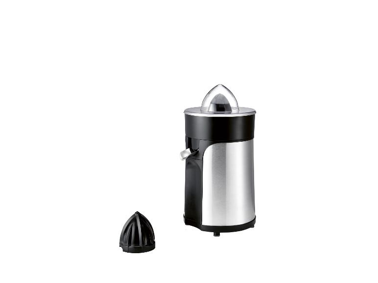 Edelstahl-Entsafter mit schwarzen Akzenten und abnehmbarem Kegel auf weißem Hintergrund.
