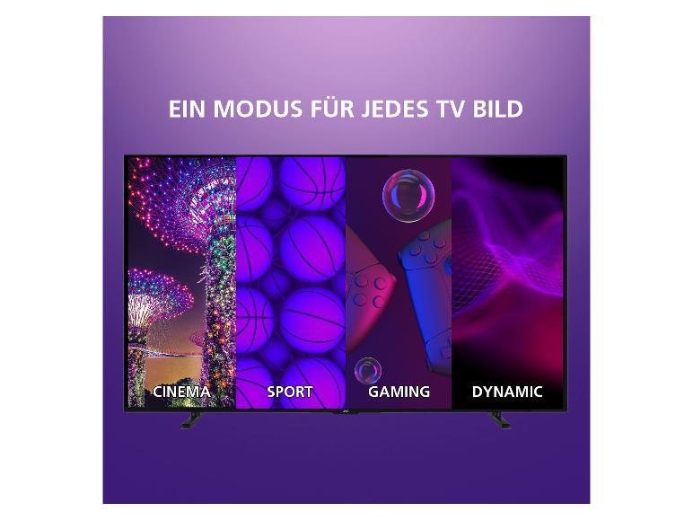 Ein Fernseher mit verschiedenen Bildmodi für Kino, Sport, Gaming und dynamisches Bild.