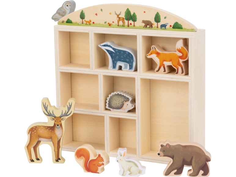Holz-Waldtier-Spielset mit einem Präsentationsregal und verschiedenen Tierfiguren.