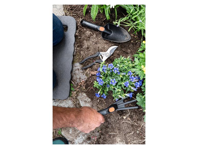 Gartengeräte: Schaufel, Gartenschere und Handrechen, neben blauen Blumen.