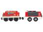 Roter Spielzeug-Feuerwehrzug mit zwei Waggons