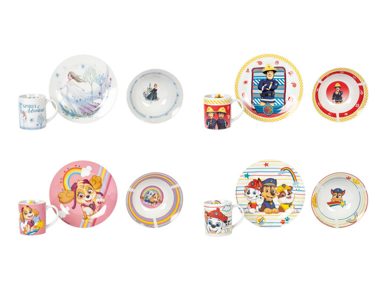 Kindergeschirr mit Motiven von Paw Patrol, Frozen und Feuerwehrmann Sam.