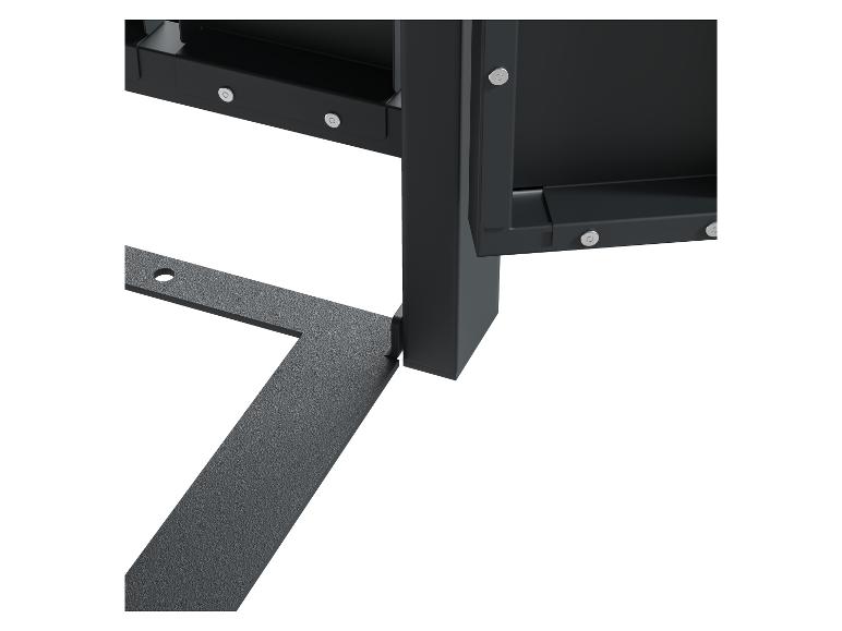 Schwarze Metallkonstruktion mit sichtbaren Schrauben und Basis.