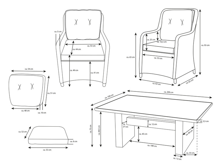 Ein Diagramm eines Gartensets mit einem Tisch und vier Stühlen.